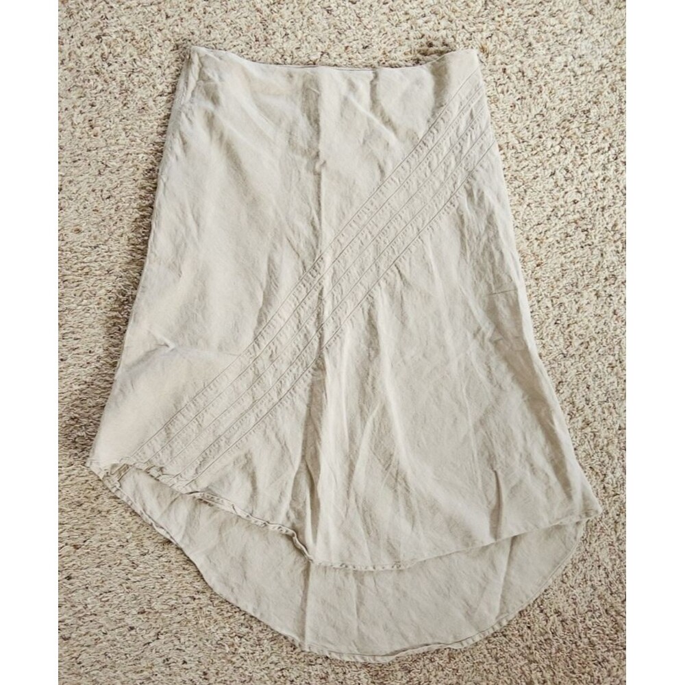 Womens 100% Linen Asymmetrical Midi Skirt Sz 12 Beige Lined Coastal Cowgirl